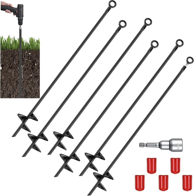 Photo 1 of 6 Pcs 30 Inch Ground Anchor Spiral Blade Heavy Duty Earth Anchor Kit Metal Anchor Hook Swing Set Wind Stakes Ideal for Securing Animals, Shelters, Tents, Canopies, Swing Sets (Black)
