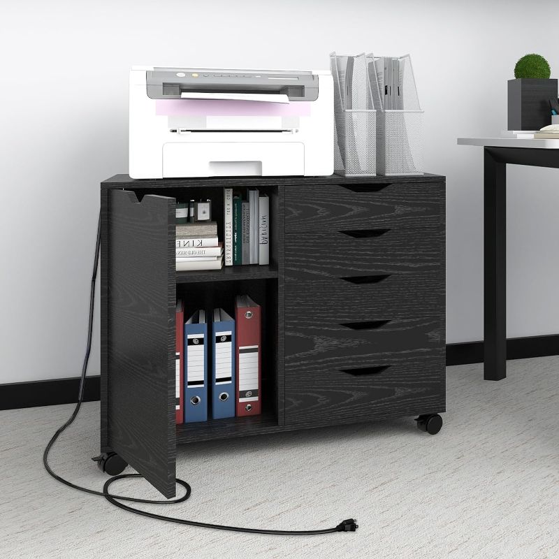 Photo 1 of PUNCIA 5-Drawer Mobilable Wood File Storage Cabinets with Power Outlets and Door Home Office Lateral Filing Cabinet with Lock Printer Stand for Home Office
