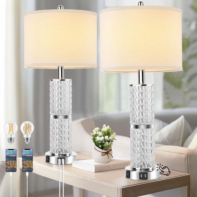 Photo 1 of 26'' Tall Table Lamps Set of 2, Touch Control Lamp with 2 USB Ports for Living Room, Modern Crystal Bedside Lamp with White Shade, Silver Night Light Desk Lamps for Nightstand Bedroom (Bulbs Included)
