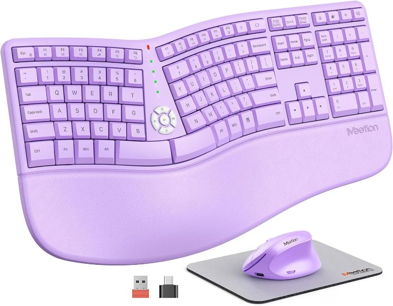 Photo 1 of  Wireless Keyboard and Mouse, Ergo Keyboard with Vertical Mouse, Split Keyboard Cushioned Wrist Palm Rest Natural Typing Rechargeable Full Size, Windows/Mac/Computer/Laptop,Purple