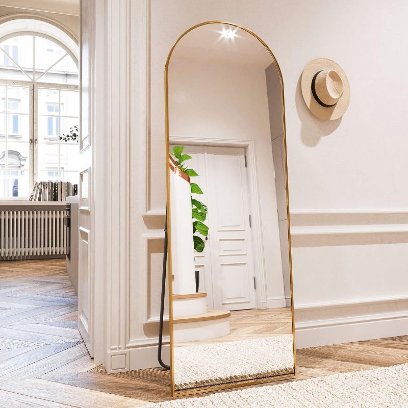 Photo 1 of 64"x21" Arched Full Length Mirror Free Standing Leaning Mirror Hanging Mounted Mirror Aluminum Frame Modern Simple Home Decor for Living Room Bedroom Cloakroom, Gold
