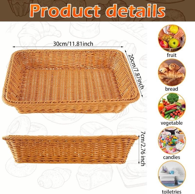 Photo 1 of 5 Pcs Poly Wicker Woven Bread Basket Imitation Rattan Fruit Basket Tray Stackable Rectangular Food Baskets for Serving Display Storage Kitchen Restaurant Home Vegetable (17.72 x 13.78 x 3.15)
