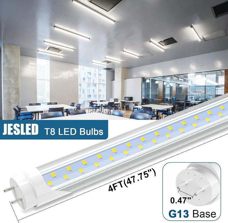 Photo 1 of JESLED T8 T10 T12 LED 4FT Type B Light Bulbs, 24W 3000LM, 6000K-6500K Daylight White, 4 Foot LED Fluorescent Tube Replacement, Super Bright, Dual Ended Power, Remove Ballast, Clear Cover