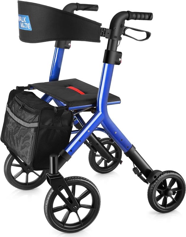 Photo 1 of **MISSING A WHEEL** Rollator Walker for Seniors Taller 5.3~7ft with Height-Adjustable Seat, 10 Inch Wheels Wire-Hidden Walkers Compact Folding Design Lightweight Mobility Walking Aid Widen Backrest, Blue
