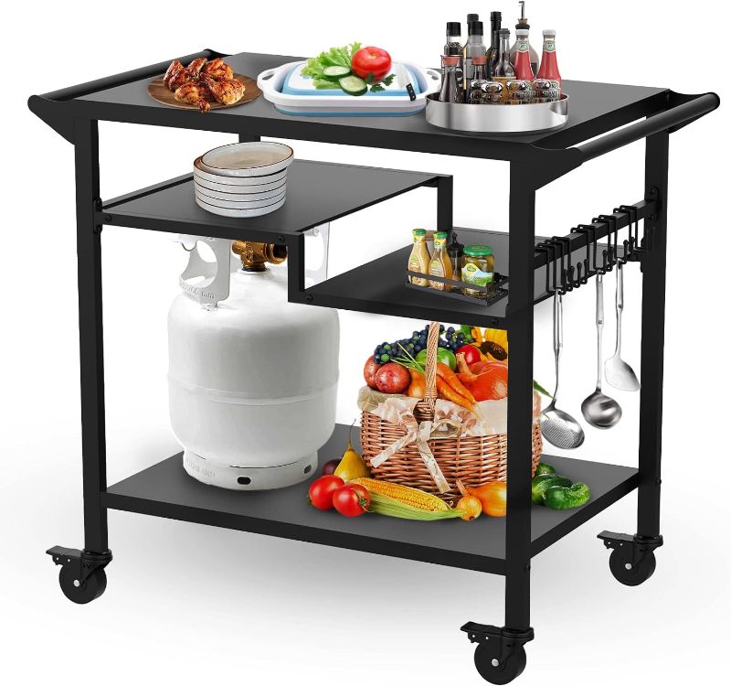 Photo 1 of 20"x 32" Three-Shelf Movable Outdoor Dining Cart Table, Multifunctional Food Prep Table, Outdoor Grill Table with Wheels
