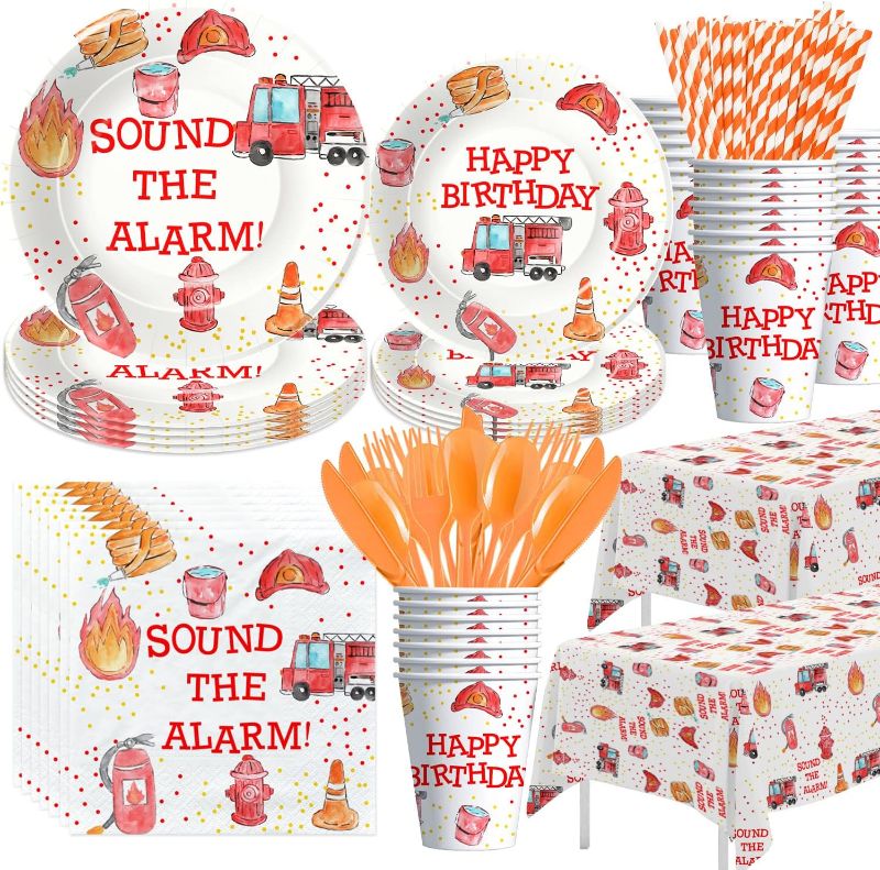 Photo 1 of Fire Truck Birthday Party Supplies Tableware - Firefighter Party Supplies Decorations Include Plates, Cups, Napkins, Tablecloth, Cutlery, Straws, Fireman Birthday Party Supplies | Serve 24
