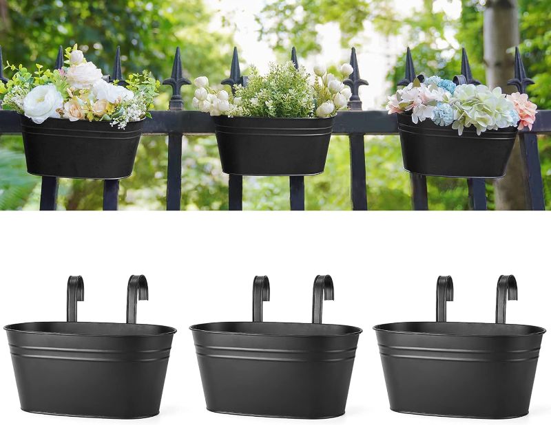 Photo 1 of Dahey Metal Iron Hanging Flower Pots for Railing Fence Hanging Bucket Pots Countryside Style Window Flower Plant Holder with Detachable Hooks Home Decor,Black,3 Pcs
