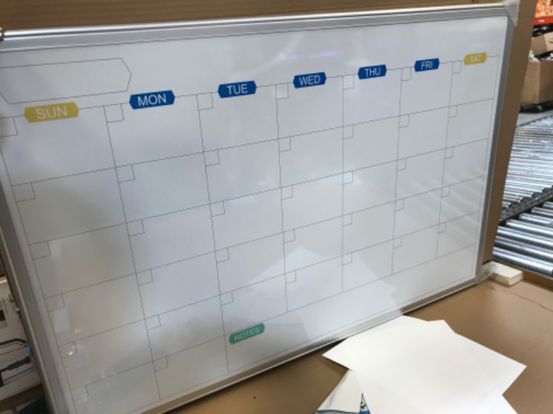 Photo 2 of Monthly Dry Erase Calendar Whiteboard for Wall, Magnetic White Board Calendar Dry Erase, Wall Hanging Aluminum Frame Calendar Board with Tray for Home, Kitchen, School, Office