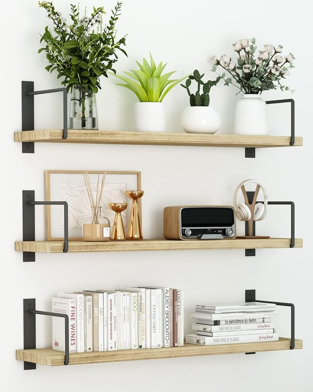 Photo 1 of Floating Shelves, 24 Inches Easy to Install Wall Mounted Shelves, Wall Shelves Set of 3, Rustic Wood Shelves for Wall Décor, Storage Shelves for Living Room (Wooden)
