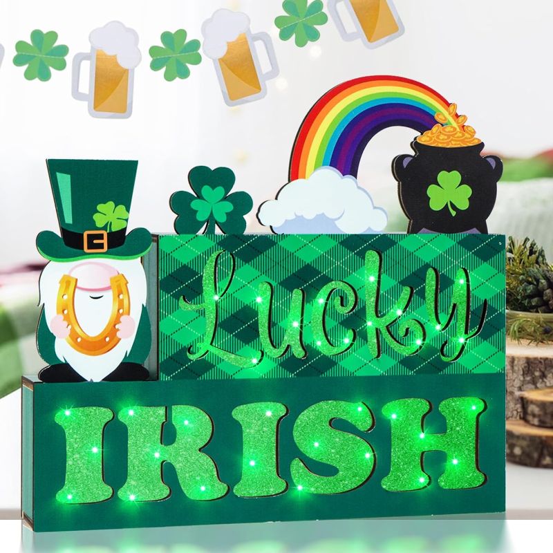 Photo 1 of 10 in St Patricks Day Decorations 3-Layered St Patricks Day Wooden Sign Lighted St Patricks Day Decor Battery Operated St Patricks Day Block Sign with Shamrock Pot of Gold Rainbow Horseshoe for Table
