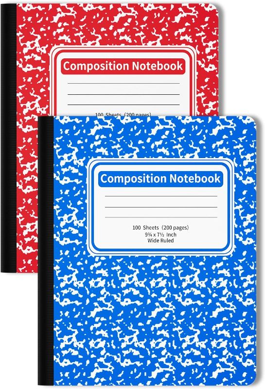 Photo 1 of Composition Notebook 2 Pack 9-3/4 x 7-1/2 Inches, Wide Ruled Lined Paper 100 Sheets, Red & Blue Marbled Cover Composition Book Bulk, Writing Notebook School Supplies for Primary & College Students
