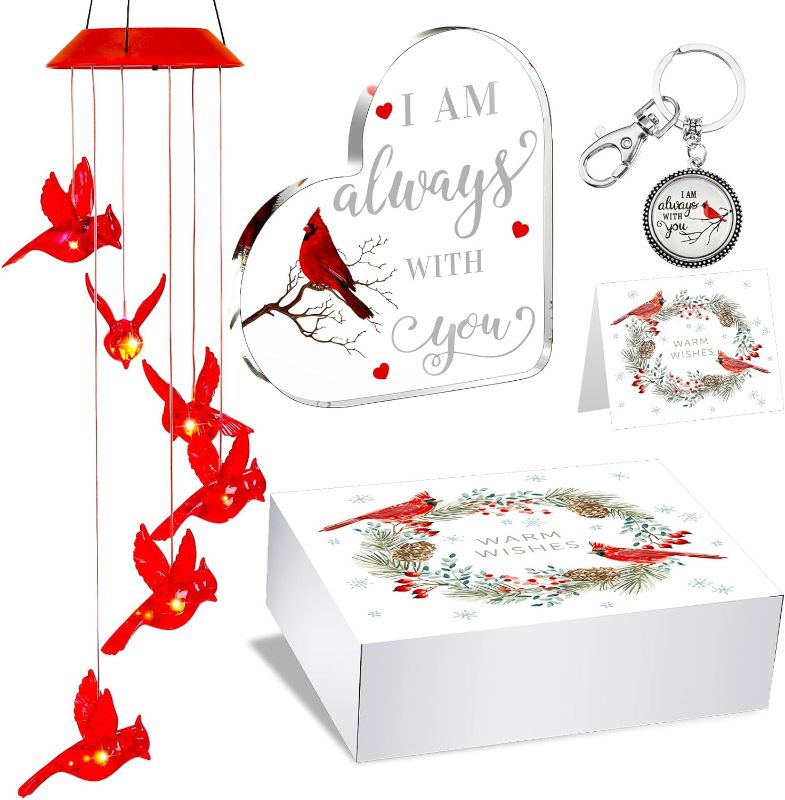 Photo 1 of 4 Pcs Cardinal Wind Chimes Set Memorial Wind Chimes for Outside Wind Chimes for Loss of Loved One Cardinal Wind Chimes with Cardinal Keychain Crystal Acrylic Gift Memorial Card and Gift Box
