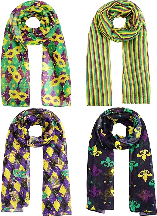 Photo 1 of 4 Pcs Mardi Gras Scarf for Women Girl 71 x 20 Inch Mask Print Shawl Scarves Gold Purple Green Scarves and Wraps for Mardi Gras Costume Outfit Apparel Accessories Birthday Gift, 4 Styles
