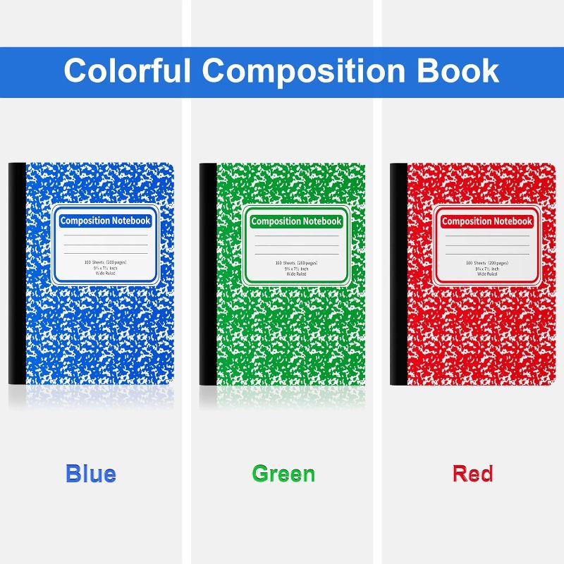 Photo 1 of Composition Notebooks 9-3/4" x 7-1/2" Composition Books 11/32 Inch Wide Ruled Composition Notebook 3 Pack of Notebooks, Blue & Red & Green Marble (100 Sheets/Per)
