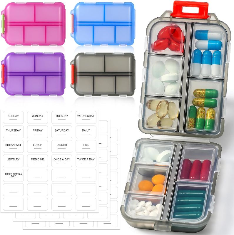 Photo 1 of 4 Pack Small Travel Pill Organizer for Purse, Pocket, Bag - 10 Compartments Pill Holder Box, Handy Medicine Container - Portable Mini Pharmacy for Weekly Daily Travel - BPA Free Vitamin Fish Oil Case
