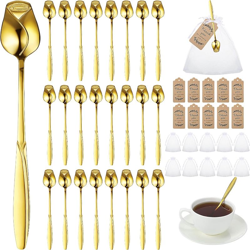 Photo 1 of 50 Sets Rose Flower Shaped Tea Spoons Wedding Favor for Guests 5.2" Gold Flower Dessert Mini Teaspoon with 50 Gift Tag and 50 Organza Bag for Tea Party Bridal Shower Guest Souvenir
