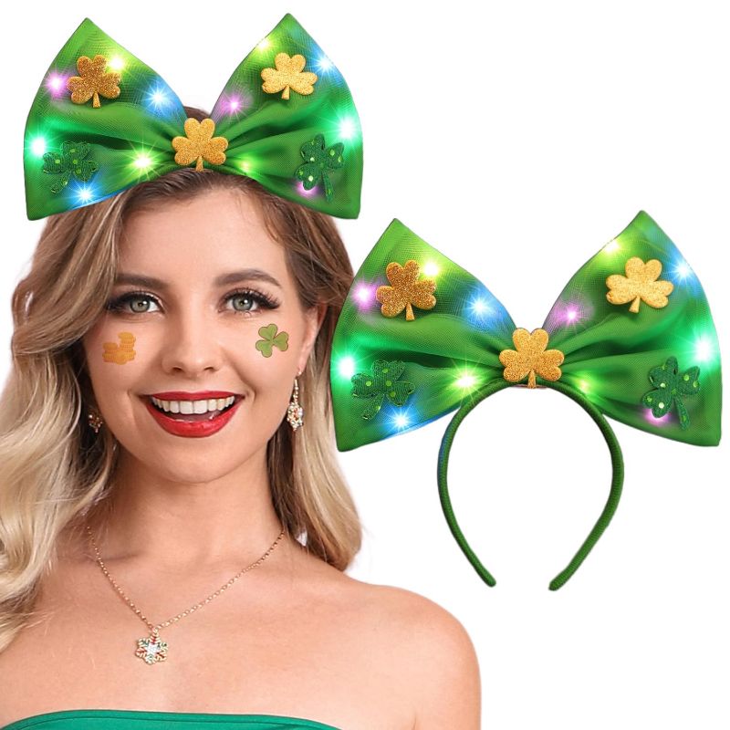 Photo 1 of Cloace  St.Patrick Day Headbands Green Bowknot Hairband LED Shamrock Hair Hoop Party Festival Hair Accessories for Women and Girls(B)
3 PACK