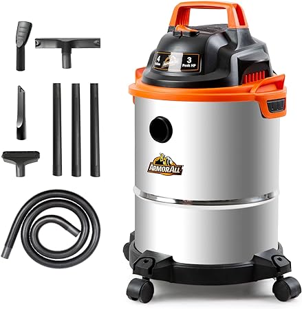 Photo 1 of Armor All VO408S 0901 4 Gallon Wet/Dry Vac 3.0 Peak HP Shop Vacuum with 3 Nozzles and 1 Brush, Stainless Steel Tank, Orange
