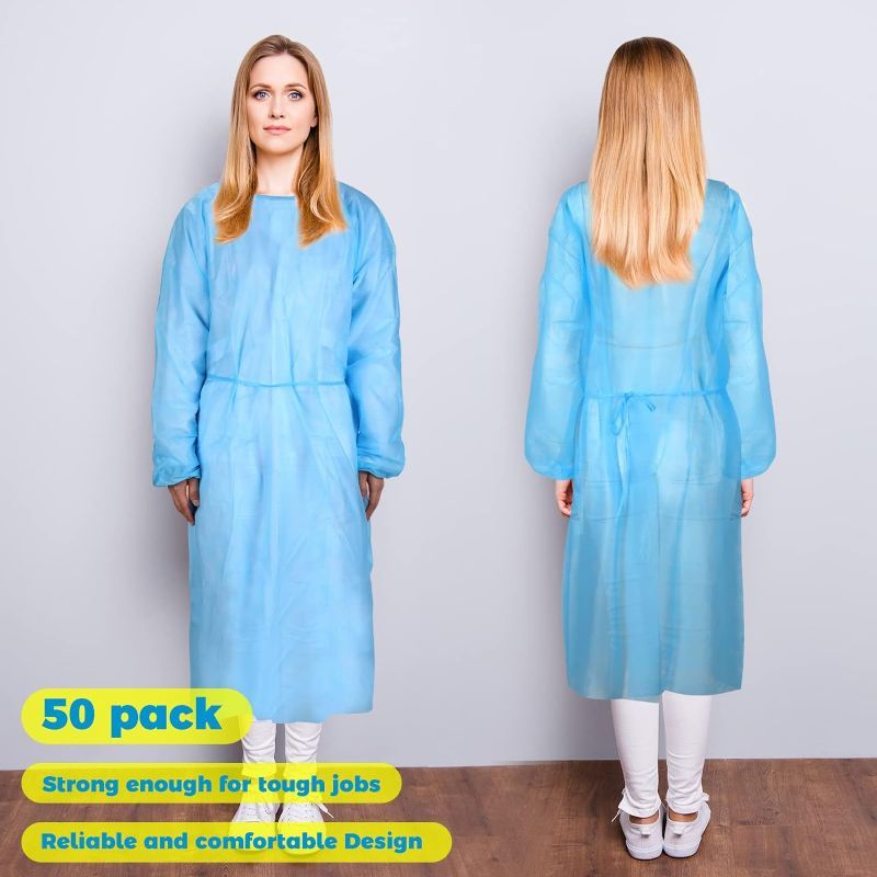 Photo 1 of Xuhal 50 Set Disposable Isolation Gowns Set PPE Gowns Disposable and Non Woven Bouffant Caps with Elastic Cuffs for Labs Home Isolation Beauty Agencies Food Service, Unisex Adult (Blue)