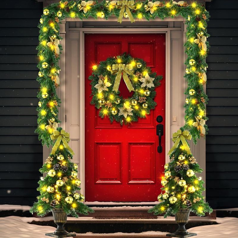 Photo 1 of Yuxung 4 Piece Pre Lit Gold Christmas Garland and Wreath Set 3 ft Entrance Trees 17.72" Front Door Christmas Wreath 7.87 ft Christmas Garland with Lights for Porch Holiday Decorations
