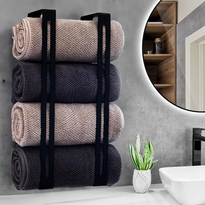 Photo 1 of Baru Decor - 23" Wall Mounted Towel Rack Holder, Modern Rolled Folded Towels Organizer, Bathroom Storage, Towel Vertical Shelf, Black Powder Coated, Hold up to 4 Rolled Towels