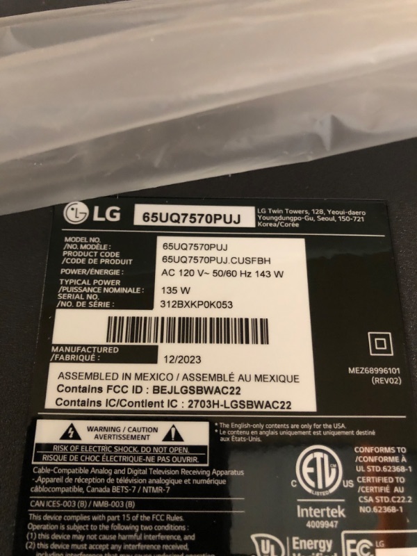 Photo 3 of parts only-----LG 65-Inch Class UQ7570 Series 4K Smart TV, AI-Powered 4K  TV Only