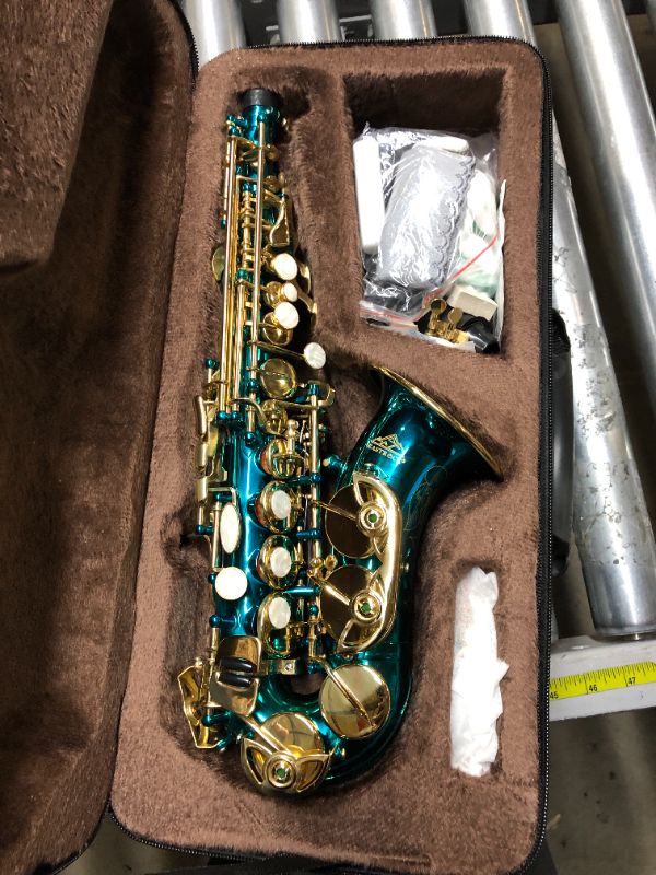 Photo 2 of EASTROCK Soprano Saxophone Curved Bb Flat blue Sax Instruments for Beginners Intermediate Players with Carrying Case,Mouthpiece,Pads,Reed,Cleaning kit,neck Strap,White Gloves Curved-Blue