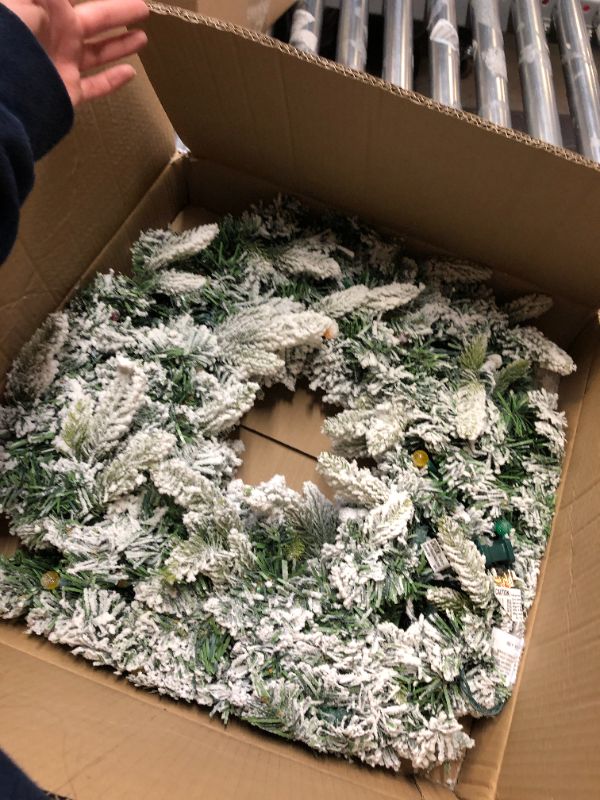 Photo 1 of 24" Snowy Flocked Christmas Wreath with 50 Count Multicolor Raspberry Lights, Lighted Artificial Holiday Wreath with UL Listed Plug-in G12 LED String Lights (Multicolor G12)