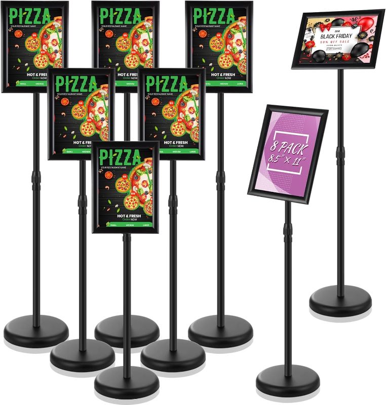 Photo 1 of LEIFIDE 8 Pack Adjustable Heavy Duty Pedestal Sign Holder Floor Stand 8.3 x 11.7'' Adjustable Sign Holder Poster Stand Sign Stand with Aluminum Snap Open Frame, Screen Size A4 (Black)