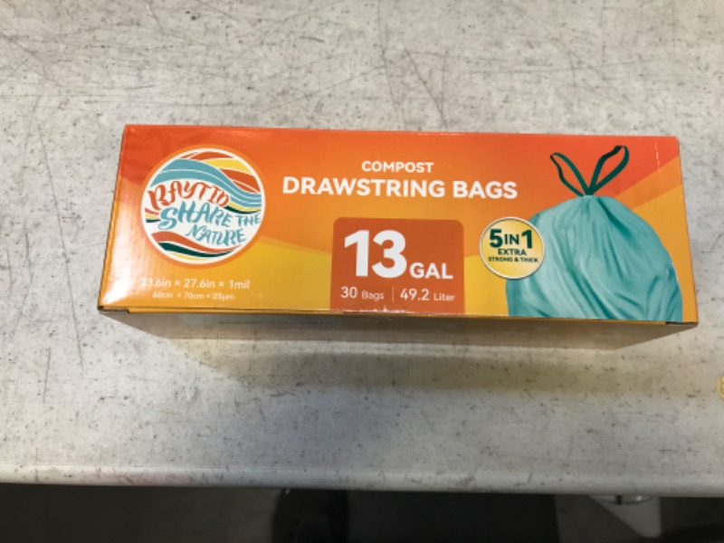 Photo 2 of 13 + Gallon Compostable Trash Bags with Drawstring, Heavy Duty Extra Thick 1.1 Mil, 49.21 Liter, Tall Kitchen Food Scrap Waste Bag, ASTM D6400, US BPI and OK Compost Home Certified,30 Count