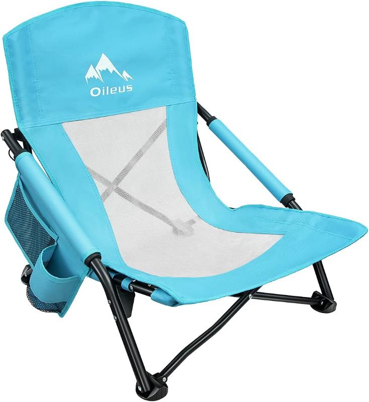 Photo 1 of Oileus Low Beach Chair for Beach Tent & Shelter & Camping | Outdoor Ultralight Backpacking Folding Recliner Chair with Cup Holder & Storage Bag, Carry Bag, Breeze Mesh Back, Compact Duty 