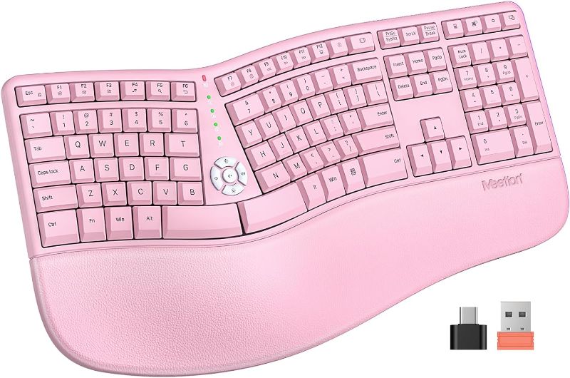 Photo 1 of MEETION Ergonomic Keyboard, Split Wireless Keyboard with Cushioned Wrist, Palm Rest, Curved, Natural Typing Full Size Rechargeable Keyboard with USB-C Adapter for PC/Computer/Laptop/Windows/Mac, Pink
