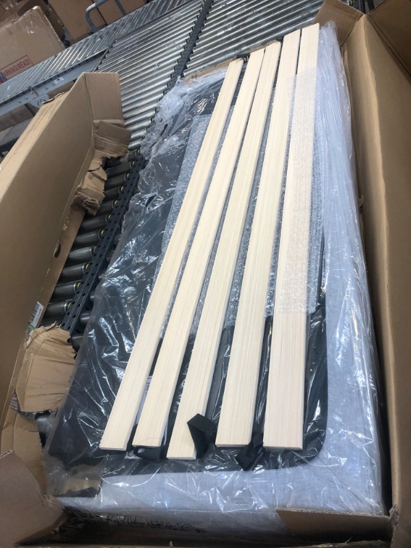 Photo 1 of UNIZONE Full Size Upholstered Bed Frame with Tufted Headboard, Platform Bed with Linen Fabric Headboard, Wood Slats Support, Mattress Foundation, No Box Spring Needed, Easy Assembly, Light Gray Light Grey Full