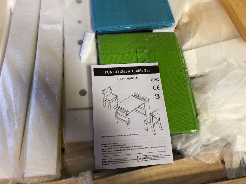 Photo 1 of FUNLIO Wooden Kids Art Table & 2 Chairs Set, Kids Craft Table with Large Storage & Paper Rolls for Ages 3-8, Toddler Drawing Table Solid Wood, Easy to Assemble/Clean, CPC & CE Certified Ver 2