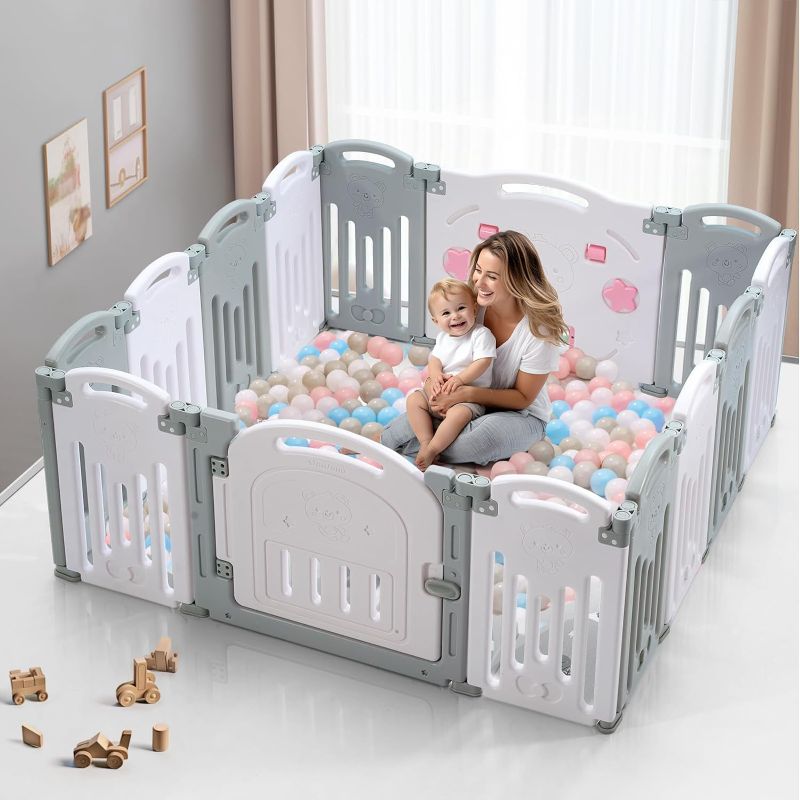 Photo 1 of Baby Playpen, Uanlauo Safety Play Yard, Easy Assemble Play Pens for Babies and Toddlers, Sturdy Baby Gate Playpen, Toddler Playpen, Portable Indoor Outdoor Use, Foldable Baby Playpen (14 Panel, Grey)
