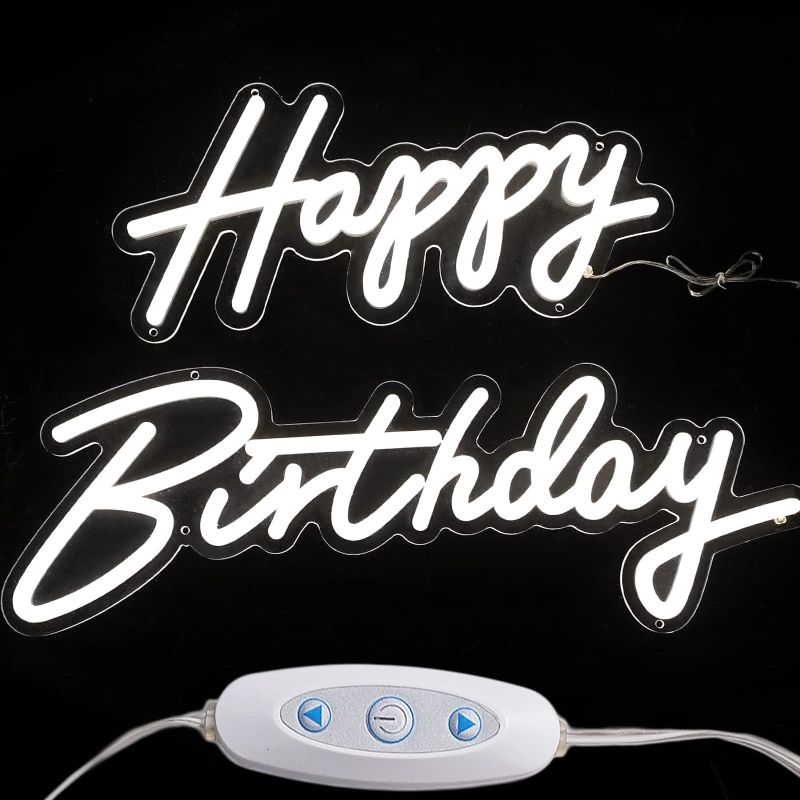 Photo 1 of MERWOF 37x8 Inch Happy Birthday Neon Sign Light for Wall Decor - Large Birthday Party LED Light Sign with Dimmable Switch for Birthday Party Backdrop Gift, White, 23x16 Inches (Power Adapter Included)
