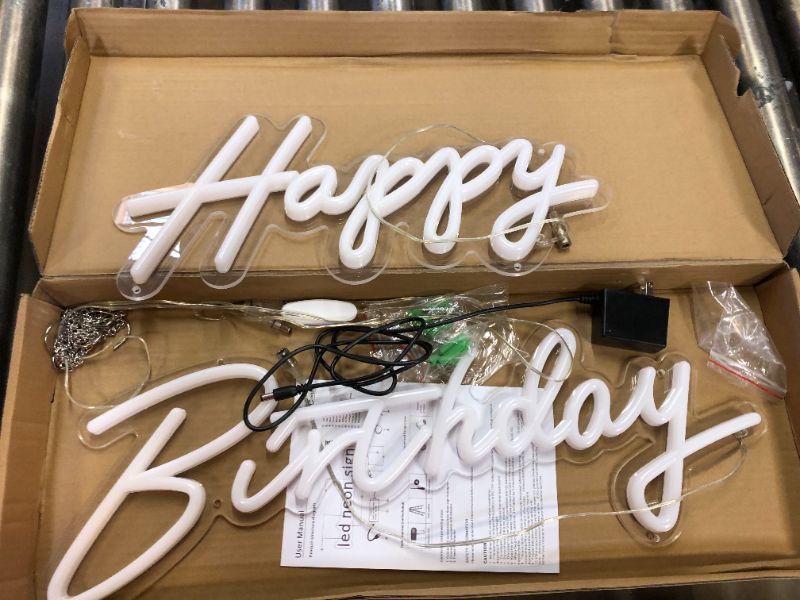 Photo 2 of MERWOF 37x8 Inch Happy Birthday Neon Sign Light for Wall Decor - Large Birthday Party LED Light Sign with Dimmable Switch for Birthday Party Backdrop Gift, White, 23x16 Inches (Power Adapter Included)
