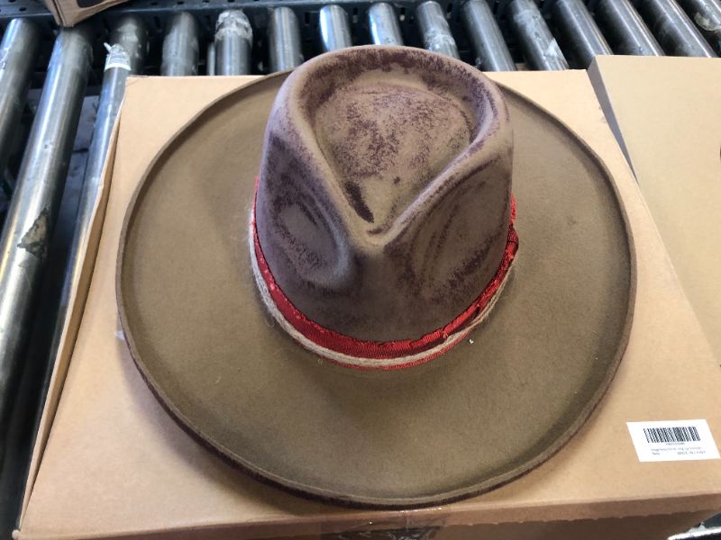 Photo 2 of Vintage Wide Brim Fedora Hats for Mens Women 100% Wool Felt Panama Rancher Hat with Lightning Logo Distressed/Burned 7 1/4-7 3/8 Camel Red