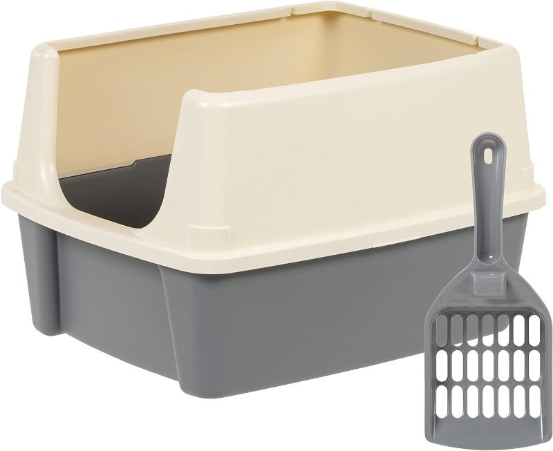 Photo 1 of Amazon Basics Tall Open Top Cat Litter Box with High Sides and Scoop, 19 x 15 x 11.75 inches, Grey/Beige
