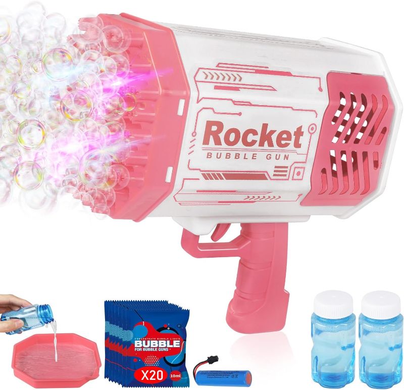 Photo 1 of bazooka bubble gun 69-hole bubble machine with lights Children's toys automatic bubble blowing machine suitable for aged 4-8 years old outdoor party manufacturing machine Easter birthday (pink colour)
