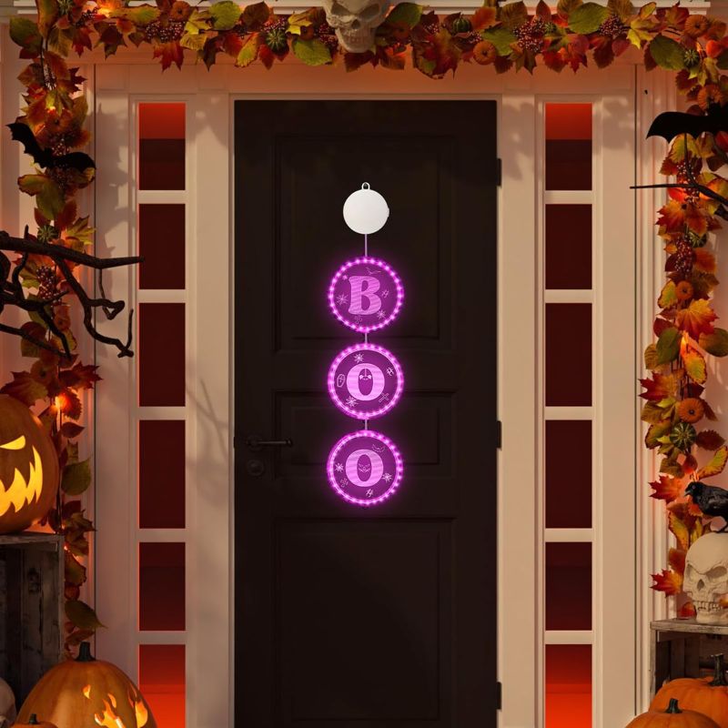 Photo 1 of Baquler 6.3'' Halloween Boo Sign Light for Front Door 3 in 1 Halloween Lights Halloween Door Sign Battery Operated Indoor String Lights Hanging Lamp for Windows Door Tree Outdoor Holiday Decors
