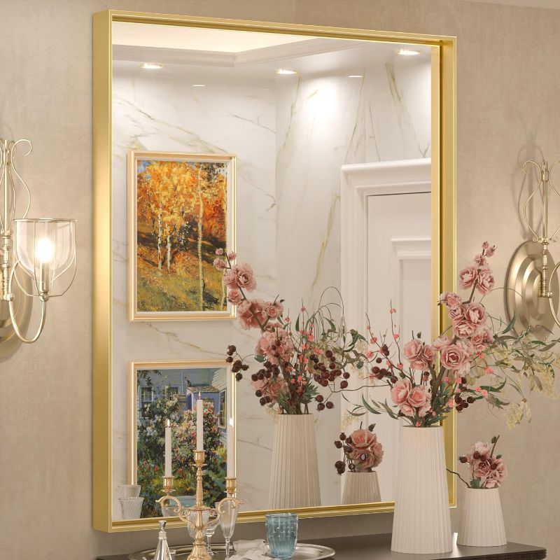 Photo 1 of  Keonjinn Brushed Gold Bathroom Mirror 30 x 36 Inch Metal Framed Rectangular Wall Mirror Brushed Gold Mirror for Bathroom Gold Vanity Mirror Rectangle Mirror with Square Corner(Horizontal/Vertical)