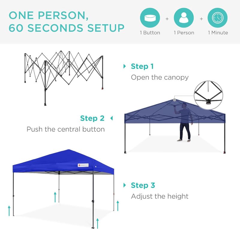 Photo 1 of 10x10ft 1-Person Setup Pop Up Canopy w Portable Tent Shelter Button/ 1-Button Push Carry, Straight Legs, Wheeled Carry Case, Stakes - Resort Blue