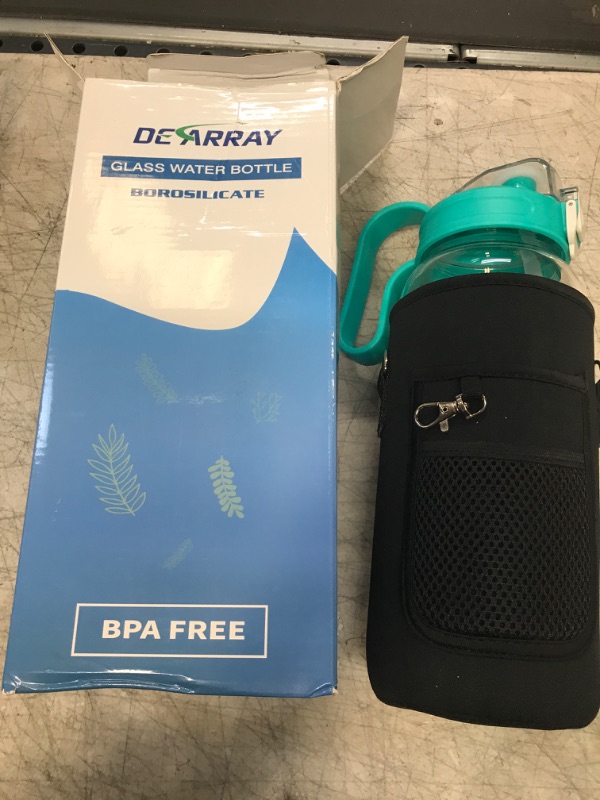 Photo 2 of DEARRAY 64 oz Motivational Glass Water Bottle with Straw & Time Marker Half Gallon Large Reusable Water Jug BPA-free Borosilicate Drinking Bottle with Flip Top & Sleeve for Infused Water Wide Mouth Dark Cyan