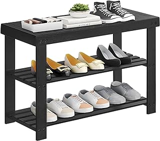 Photo 1 of 3-Tier Bamboo Shoe Rack Bench, Shoe Storage Organizer Bench, Entryway Bench, Shoe Rack for Front Door Entrance, Entryway Bathroom Bedroom, Holds Up to 286 lb, 11.3 x 27.6 x 17.8 Inches, Black https://a.co/d/b4FSkjK