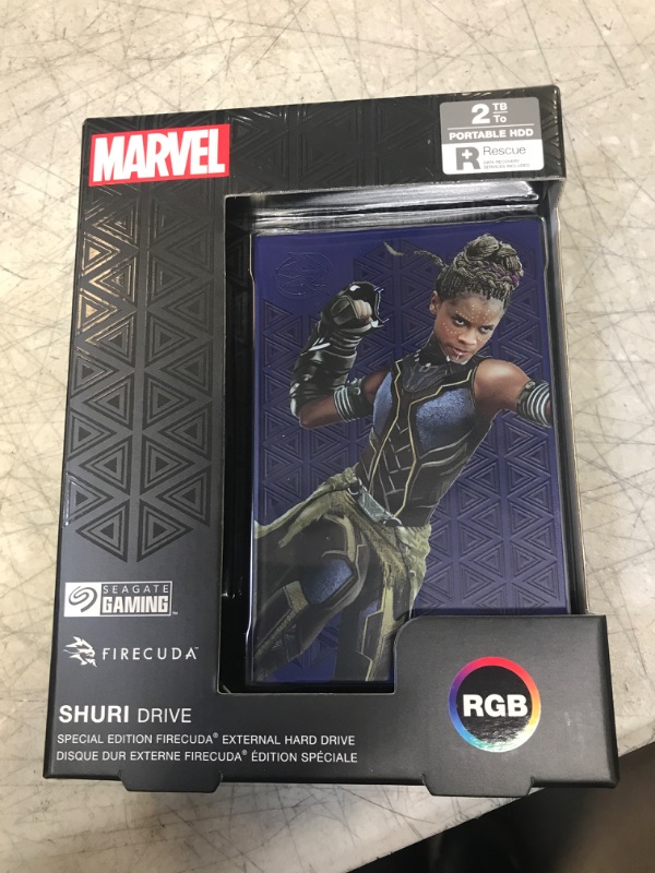 Photo 2 of Seagate Shuri SE FireCuda External HDD - USB 3.2, Customizable RGB LED Cyan, Works with PC, Mac, Playstation, and Xbox, 1-yr Rescue Services (STLX2000402) 2TB Black Panther - Shuri Marvel Edition