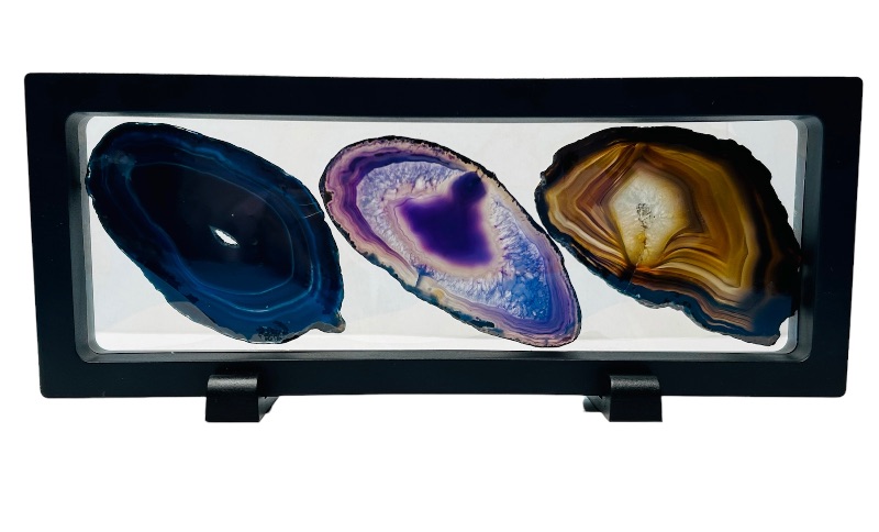 Photo 1 of 662529…. 3 agate slices in 9 x 4” display 