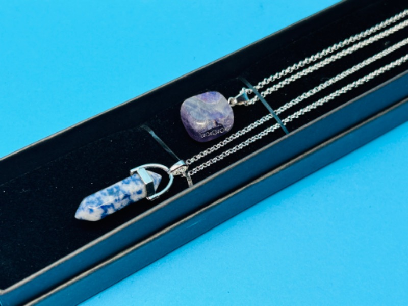 Photo 2 of 662560… 2 polished and crystal cut  rock pendants on chains in gift box 