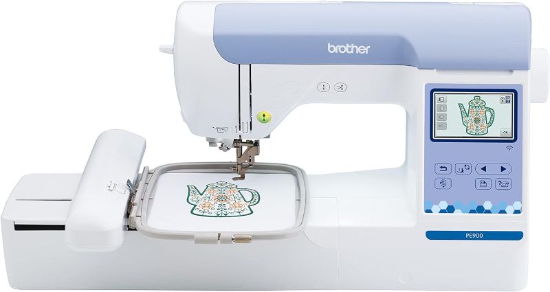 Photo 1 of Brother New Model PE900 Embroidery Machine, Wireless LAN Connected, 193 Built-in Designs, 5" x 7" Hoop Area, Large 3.7" LCD Touchscreen, USB Port, 13 Font Styles, White PE900 Machine Only