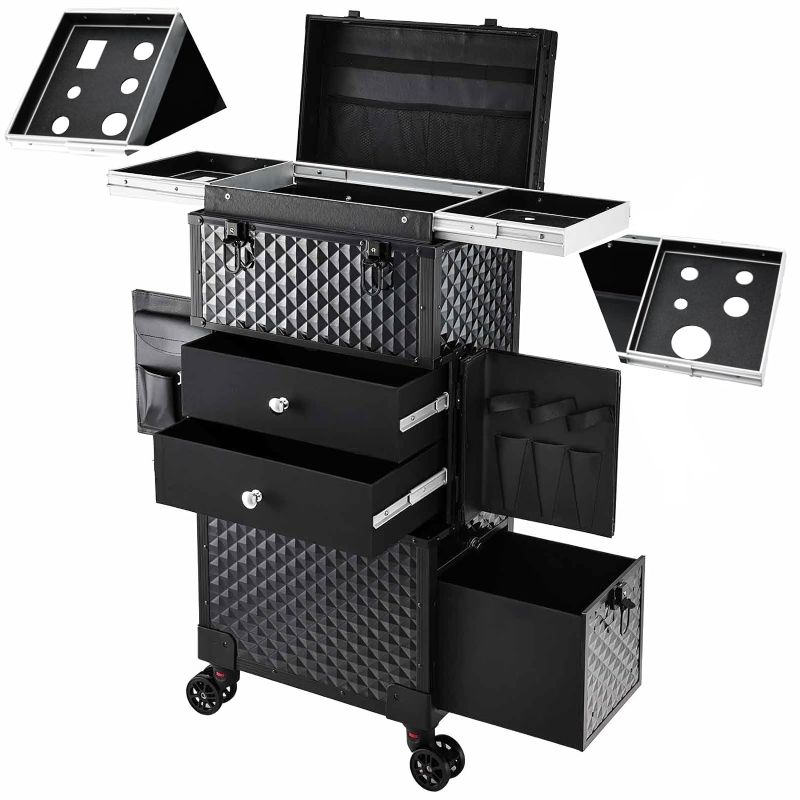 Photo 1 of Professional Rolling Makeup Case, Pro Makeup Station with Hairdryer Holder, Makeup Train Case Hair Salon Trolley Suitcase Hair Stylist Beauty Travel Organizer Lockable Box with 3 Drawers